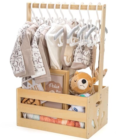 Kledingrek - Opbergdoos - Houten Opbergkrat voor Babykamer - Babybox met Handvat - Opbergmand met Hangrek - DIY te Decoreren - Bloemblad