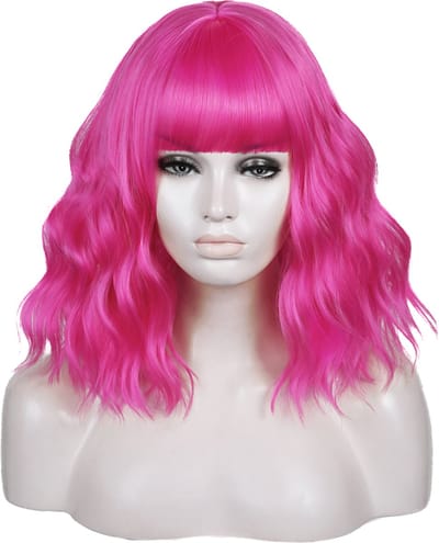 KIMU® Luxe Donkerroze Pruik Schouderlengte - Rechte Pony Krullen - Roze Fuchsia Neon Festival
