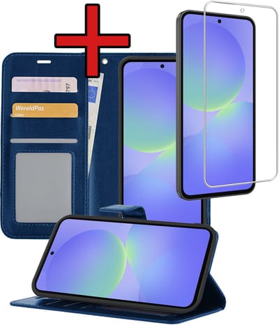 Hoesje - Met Screenprotector - Geschikt voor Samsung Galaxy A36 - Luxe Pasjeshouder - Flipcase - Bookcase Portemonee - Flip Case - Kunstleer Book Case - Book Cover - Walletcase - Portemonneehoes - Telefoonhoes - Donkerblauw