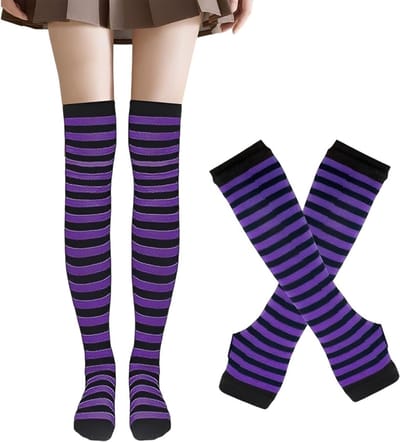 Gestreepte lange kniekousen en gebreide handschoenen set voor feestkostuums en themafeesten
