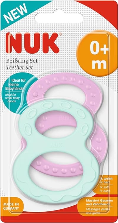 NUK | Baby bijtringset | 2 bijtringen voor baby's | vanaf 0 maanden | hard en zacht | past zich aan gehemelte en tandvlees aan | 0m+
