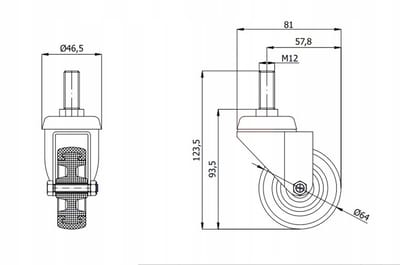 Zwenkbaar meubilair wiel met M12 schroefdraad, Ø 60 mm, 1 stuk