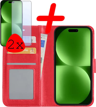 Hoesje Met 2x Screenprotector - Geschikt voor Apple iPhone 15 - Luxe Pasjeshouder - Bookcase Portemonee - Flip Case - Kunstleer Book Case - Flipcase Hoes - Book Cover - Walletcase - Portemonneehoes - Rood
