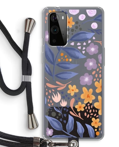 Case Company® - Hoesje met koord geschikt voor OnePlus 9 Pro hoesje met Koord - Flowers with blue leaves - Telefoonhoesje met Zwart Koord - Bescherming aan alle Kanten en Over de Schermrand