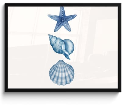 Poster in lijst - Fotolijst 70x50 cm - Posters - Zeester - Schelpen - Blauw - Posterlijst zwart - Decoratie - Wanddecoratie woonkamer - Muurdecoratie slaapkamer