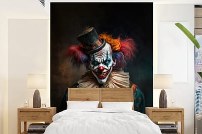 Behang - Fotobehang Clown - Hoed - Kraag - Portret - Killer clown - Breedte 165 cm x hoogte 220 cm