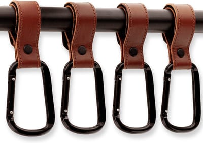 Brute Strength – Multifunctionele klittenband haak - Cognac - 4 stuks - Tassenhaak - Stroller straps – Buggy haak - Tassenhanger - Kinderwagen Tashaak – Buggy accessoires - Karabijnhaak - Golf handdoek haak - Musketonhaak