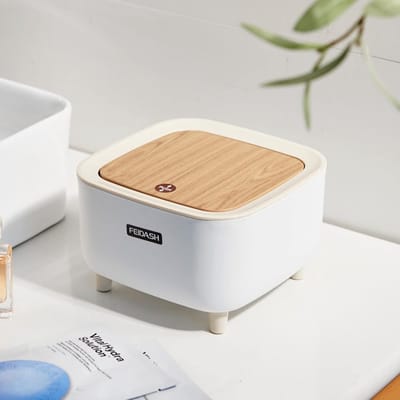 Mini Tafelafvalbak met Deksel voor Bureau, Keuken en Badkamer - Houtlook