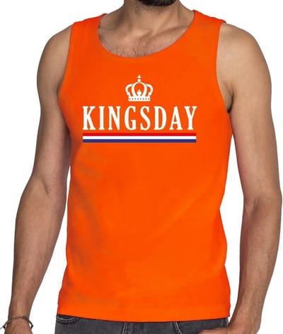 Oranje Kingsday met vlag en kroon - tanktop / mouwloos shirt - Singlet voor heren - Koningsdag kleding S