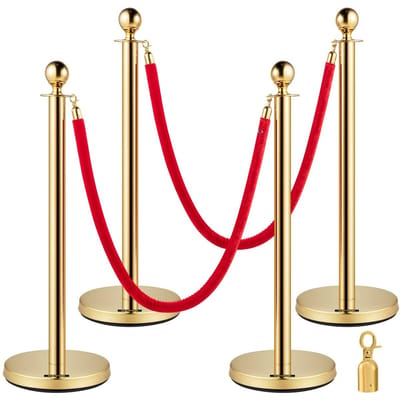 Ensemble de 2 Bornes de contrôle de file d'attente rondes dorées avec poteaux, supports, poteaux de sécurité, séparateur à corde avec corde rouge de 1,5 m, Barrière de contrôle de foule, Sommet rond doré
