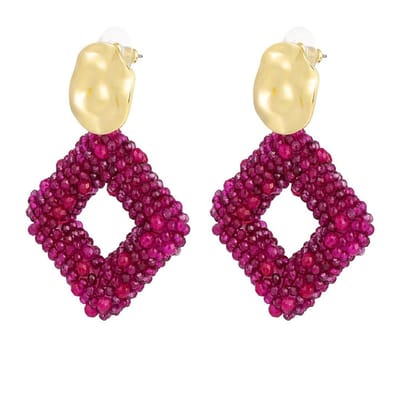 Yehwang Oorbellen Glaskralen Ruit goud fuchsia