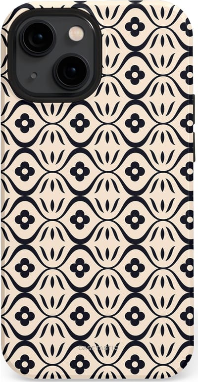 Casetastic hoesje geschikt voor Apple iPhone 13 mini - MagSafe - Dubbellaagse bescherming - Retro crème-zwarte bloemenprint - Fashion Case - Crème Grijs Donkergrijs