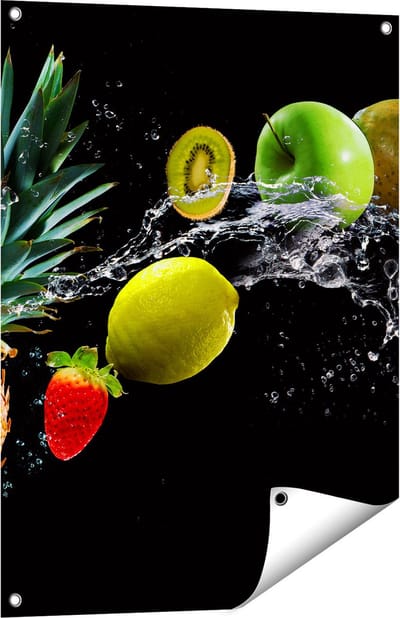 Gards Tuinposter Fruit met Water op Zwart Achtergrond - 60x80 cm - Tuindoek - Tuindecoratie - Wanddecoratie buiten - Tuinschilderij