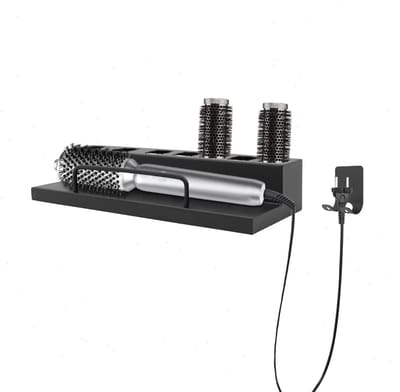Allero Wandhouder - Badkamer Organizer - Krultanghouder - Zwart - Voor Haartools - 7 Vakjes - Legplank - Met Snoerstekker Houder