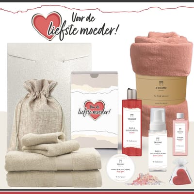Geschenkset “Voor de liefste moeder!” - 11 producten - 1660 gram | Triomf Original - Giftset voor haar Cadeau Moederdag Luxe Wellness Pakket Vrouw Speciaal Cadeaupakket Bedankt Geschenk Lieve Mama Verjaardag Kerst Kerstpakket Gift Set Rood roze