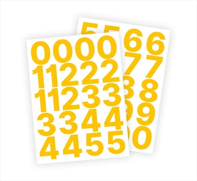 Cijfer stickers / Plaknummers - Stickervellen Set - Geel - 5cm hoog - Geschikt voor binnen en buiten - Standaard lettertype - Mat