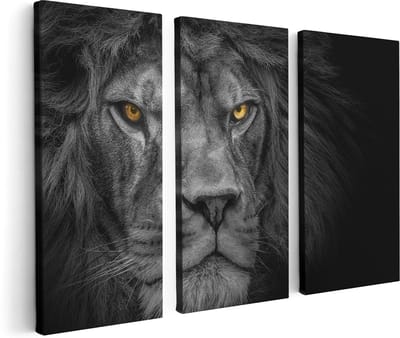Artaza Canvas Schilderij Drieluik Leeuw - Leeuwenkop - Zwart Wit - 120x80 cm - Wanddecoratie Woonkamer - Schilderijen - Muurdecoratie