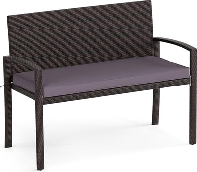 KOMFOTTEU Tuinbank voor 2 personen, rotan buitenbank met afneembaar zitkussen, metalen frame, belasting 360 kg, rugleuning en armleuningen, voor veranda, tuin, balkon, terras (grijs)