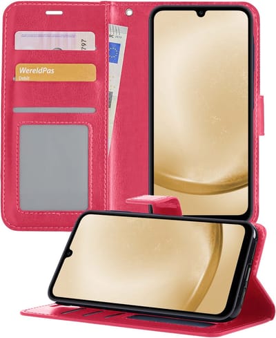 Hoesje - Met Pasjeshouder - Geschikt voor Samsung Galaxy A25 - Luxe Bookcase Portemonee - Flip Case - Kunstleer Book Case - Flipcase - Book Cover - Walletcase - Portemonneehoes - Telefoonhoesjes - Donkerroze