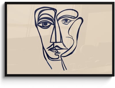 Poster in lijst - Fotolijst 120x80 cm - Posters - Minimalistisch - Lijnillustratie - Beige - Donkerblauw - Posterlijst zwart - Decoratie - Wanddecoratie woonkamer - Muurdecoratie slaapkamer
