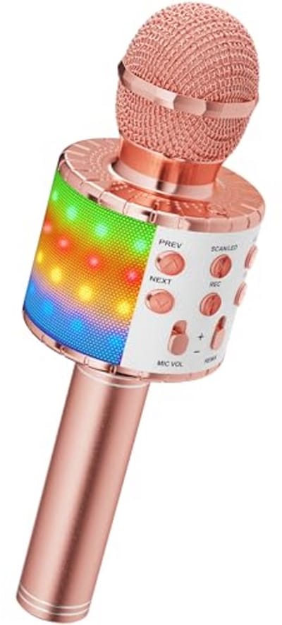 Ankuka Draadloze karaoke-microfoon, Bluetooth 4-in-1, draagbaar, karaoke-speler met ledlampen, dans, voor feestjes, zingen, cadeau-idee voor kinderen Roségoud