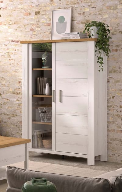 Belfurn - Vitrinekast Mano – witgekalkte houtstructuur met bovenblad in eik artisan – inclusief LED-verlichting