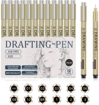 carmdering - Micro Fineliners Zes watervast - set van 12 geel fineliner | fine liner kawaii manga / anime tekenen op schetsboek | bullet journal | handlettering | Pigment liner penselen | calligraphy pennen