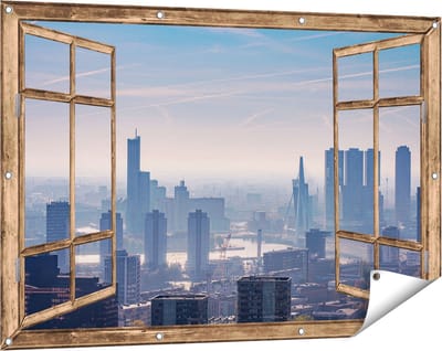 Gards Tuinposter Doorkijk Rotterdamse Skyline - 120x80 cm - Tuindoek - Tuindecoratie - Wanddecoratie buiten - Tuinschilderij