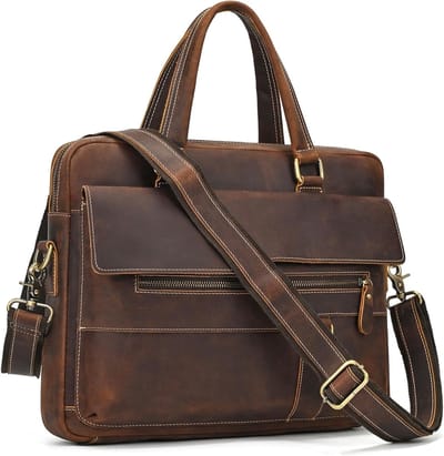 Grote Laptoptas voor Heren met Verstelbare Schouderriem, Echt Leer, Geschikt voor 15.4 Inch Laptop, Ideaal voor Zaken, Schoudertas en Aktetas met Extra Laptop Sleeve, Bruin