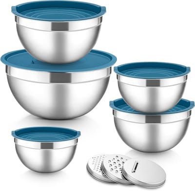 Set van 5 Mengkommen van Roestvrij Staal met Luchtdichte Deksel en Raspaccessoires voor Koken, Bakken en Serveren