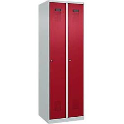 C+P Evolo Plus garderobekast, 2 vakken, rechts scharnierend, cilinderslot, soft-close, B 600 x D 500 x H 1850 mm, lichtgrijs/ruy rood