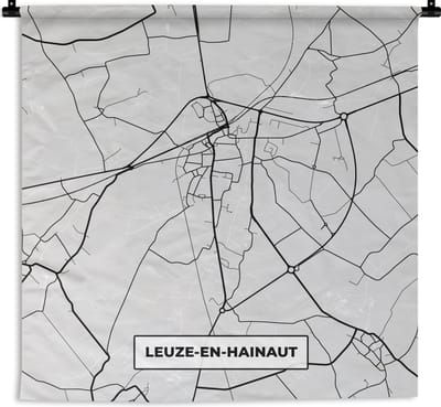 Wandkleed - Wanddoek - België – Leuze en Hainaut – Stadskaart – Kaart – Zwart Wit – Plattegrond - 180x180 cm - Wandtapijt