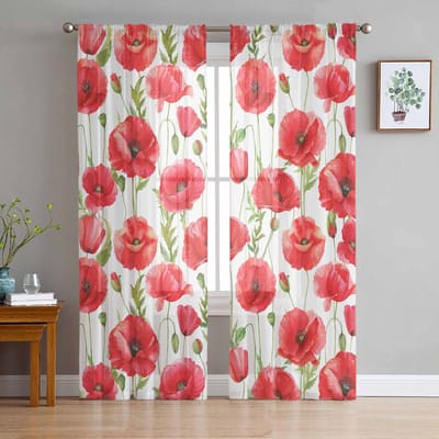 Aquarel Rode Klaproos Bloem Transparante Gordijnen voor Woonkamer Decoratie Raamgordijnen voor Keuken Tule Voile Organza Gordijnen W135 x H115cm x1 pink
