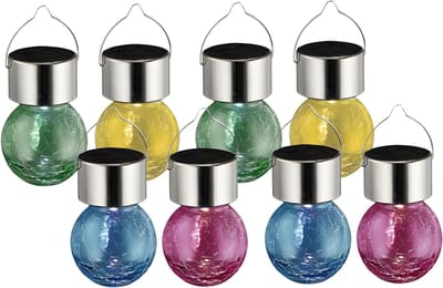 Solar sfeer hanglamp - 8x stuks - geel / groen / roze / blauw - 9 cm - glas - aan haak