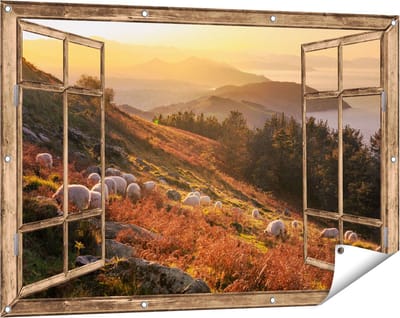 Gards Tuinposter Doorkijk Schapen in de Bergen - 120x80 cm - Tuindoek - Tuindecoratie - Wanddecoratie buiten - Tuinschilderij