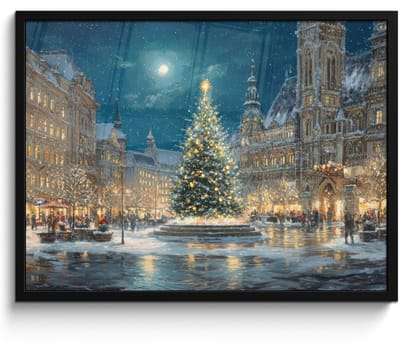 Poster in lijst - Fotolijst 80x60 cm - Posters - Kerstnacht - Stadsplein - Meerkleurig - Posterlijst zwart - Decoratie - Wanddecoratie woonkamer - Muurdecoratie slaapkamer - Kerstversiering - Kerstdecoratie voor binnen - Kerstmis