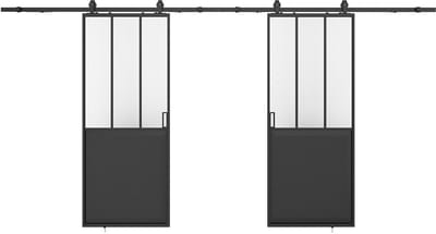 Vente-unique Dubbele schuifdeur in atelierstijl met opbouwsysteem - Zwart MDF en gehard glas - 2 x H205 x L93 cm - ARTISTO II