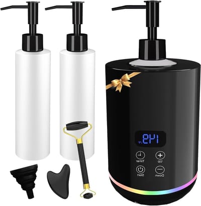 Professionele Massageolie Verwarmer met Sfeerverlichting en Twee Dispenserflessen, Inclusief Gua Sha en Gezichtsroller, Zwart