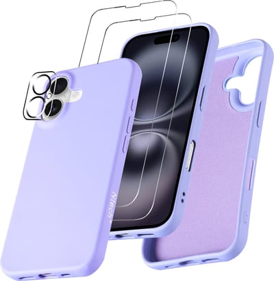 Hoesje Geschikt voor iPhone 16 Plus – Zacht siliconen liquid backcover met 2x screenprotectors gehard glas en 1x lens protector – Lila