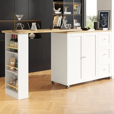 STILVORA Dressoir – 360° Draaibaar Barmeubel Met Wielen En Snackrek – 3 Lades En Deurvakken – Multifunctioneel Voor Keuken En Woonkamer – MDF – 135-203x39x104/106 Cm – Wit
