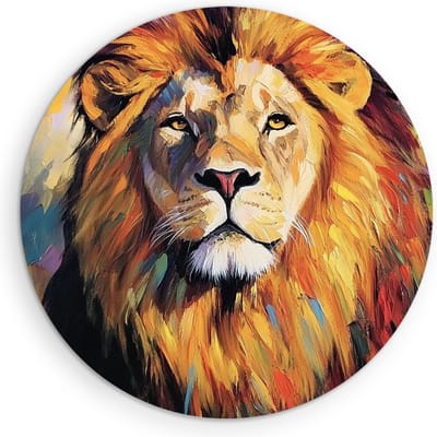 Saammp Muurcirkel Hout - Abstracte Leeuw - Kleurrijk - Penseelstreken - Dieren - Natuur - Ø 90 - Wandcirkel - Wanddecoratie Cirkel - Muurdecoratie Woonkamer - Slaapkamer decoratie - Rond Schilderij