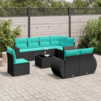 vidaXL - 9-delige - tuinbankset - met - kussens - van - zwart - polyrotan
