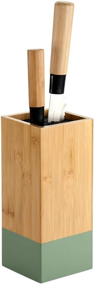 SnelShoppen - Messenblok Bamboe 10x10cm H23cm Bruin Groen - Keuken Messenhouder - Modern Design - Ruimtebesparend - Perfect voor Koks