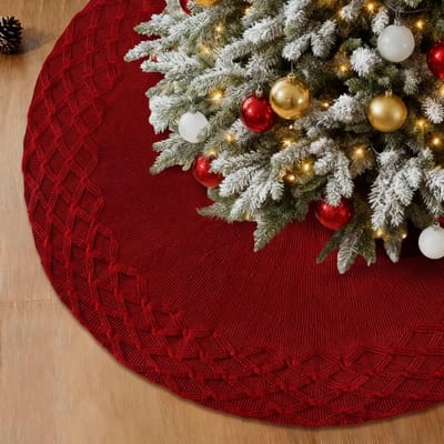 Ronde kerstboomdeken van 48" met gebreid bordeaux patroon, grote kerstboomstandaard en sfeervolle kerstdecoratie voor thuis tijdens de feestdagen