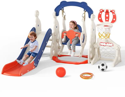 5-in-1 Speeltoestel - Glijbaan met Schommel - basketbalring - Speelplaats voor Binnen en Buiten - 1-6 jaar - Peuter