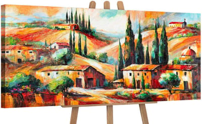 Canvas schilderij panoramisch 115x50 handgeschilderd warme avond zonsondergang – YS-Art Gallery – Sfeervol wanddecoratie voor woonkamer – Modern schilderij voor hal