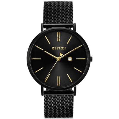 ZINZI Retro horloge 38mm zwarte wijzerplaat, goudkleurige wijzers, zwarte stalen kast, zwarte stalen mesh band extra dun ZIW449M