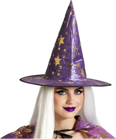 Halloween heksenhoed - met sterren - one size - paars/goud - meisjes/dames - verkleed hoeden