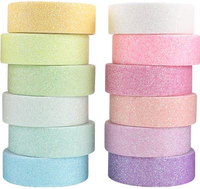 Glitter Washi Tape Set 12 Rollen Sprankelende Folie Decoratieve Strooi Gekleurde Masking Tapes voor Kunst, DIY Crafts, Journals, Planners, Scrapbook, Wrapping (12 Kleuren)