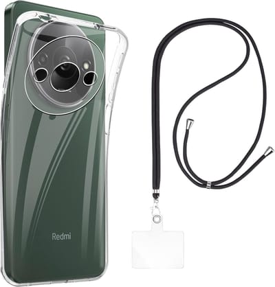 Set met hoesje en nekband voor xiaomi redmi a3 - Flexibele, transparante TPU-bescherming, verstelbare universele nekband voor mobiele telefoons, zwarte nekband, transparante draagriem van Phonillico®
